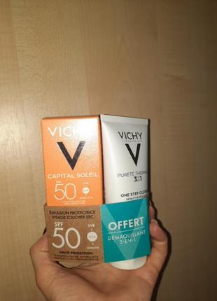 Солнцезащитная эмульсия vichy capital soleil émulsion protectrice visage spf50 и средство для демакияжа