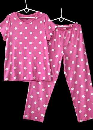 Розовая хлопковая пижама в горох, футболка и штаны р.8-10