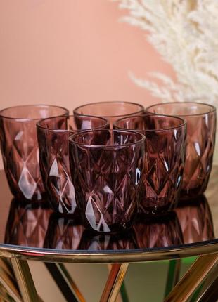 Стакан для напитков фигурный граненый из толстого стекла набор 6 шт розовый