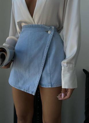 Короткая юбка на запах коттон натуральные шорты джинсовые джинс плотные мини по фигуре разрез мини бермуды прямые базовые по фигуре