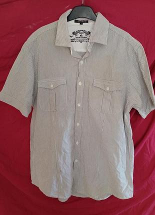 Брендовая лёгкая рубашка рубаха в мелкую полоску серую 100%хлопок. с коротким рукавом