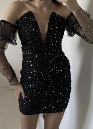 Блестящее платье нарядное в сеточку с блестками черное zara