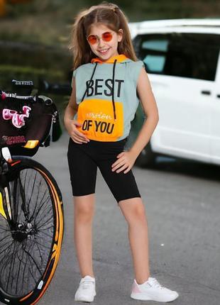 Літній костюм-трійка на дівчинку майка футболка з капюшоном і велосипедки туреччина