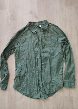 H&m хаки зеленая рубашка тонкая хлопок