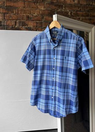 Polo by ralph lauren men’s vintage blue plaid short sleeve button shirt вінтажна сорочка на короткий рукав