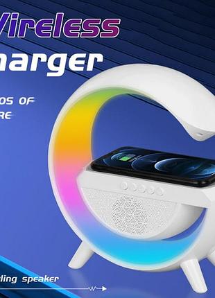Настільна смарт лампа нічник з bluetooth колонкою та бездротовою зарядкою для телефону rgb світильник