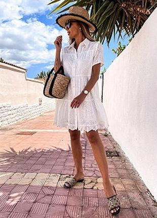 Повітряний білий літній бавовняний сарафан плаття з прошви мереживо гіпюр