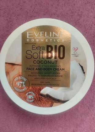 Живильний крем для обличчя та тіла eveline extra soft bio coconut 200 мл