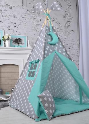 Вигвам серо-мятный, полный комплект, детская палатка, подвеска месяц в подарок new