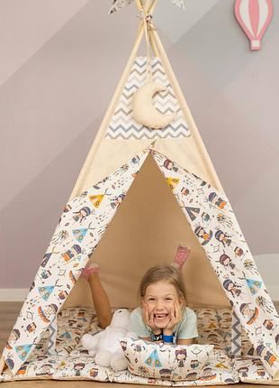 Палатка-вігвам дитячий з індіанцями, повний комплект, 110х110х180см, бежева, підвіска місяць в подарунок new