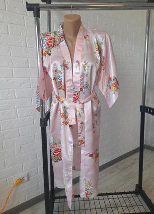 Японський атласний халат , кімоно, рожеве японське кімоно