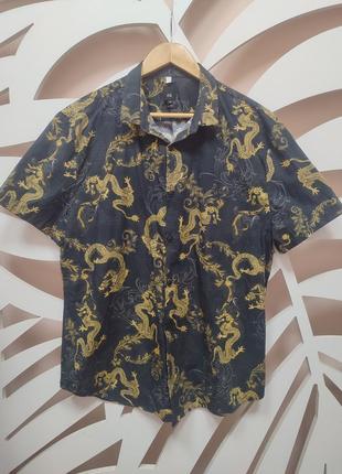 Стильная коттоновая рубашка river island с принтом драконов, змей. размер xl, slim fit, состояние отличное.