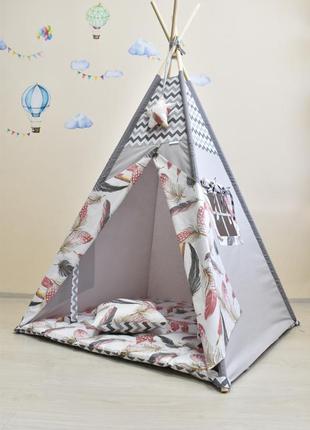 Палатка вигвам детский c большими перьями, индивидуальный набор, подвеска и флажки в подарок