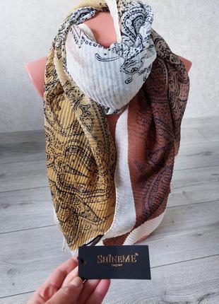 Демисезонный фактурный шарф 🔹котон+вискоза🔹в бежево-коричневый анамалистический принт shineme(85 см на 175 см)