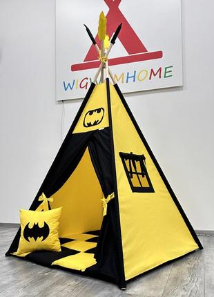 Детский вигвам "бэтмен", полный комплект, желтый, черный цвет, палатка для детей,110х110х180см