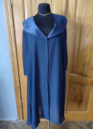 Кардиган накидка на одну пуговицу легкий шифоновый темно- синий батал