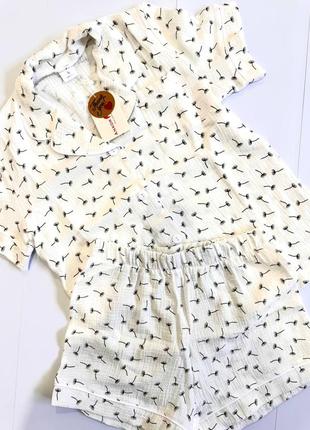 Женская пижама -шорты + рубашка двухслойный муслин