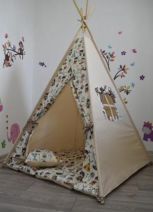 Вигвам с индейцами, с мягким ковриком подушечками, полный комплект