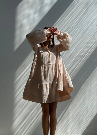 Женское нежное весеннее/осеннее легкое платье с рукавом и поясом муслин на пуговицах3 фото