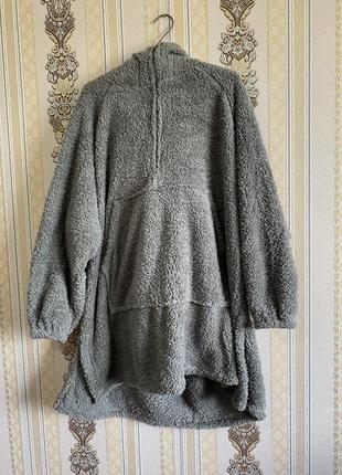 Тепла домашня кофта туніка з капюшоном, велика сіра сукня светр тедді