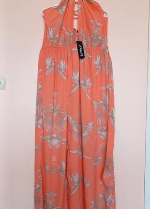 Довга шифонова персикова сукня в квітковий принт, літня сукня, сарафан, платье 52-54 р.