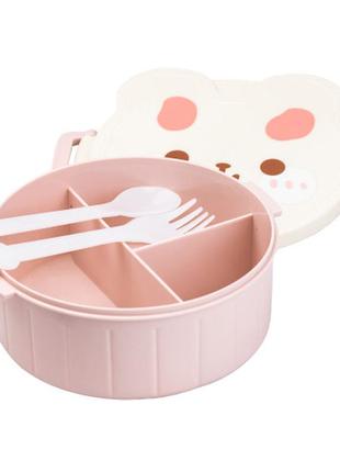 Детский ланч-бокс пластиковый со столовыми приборами "кролик",18х18х7 см,розовый