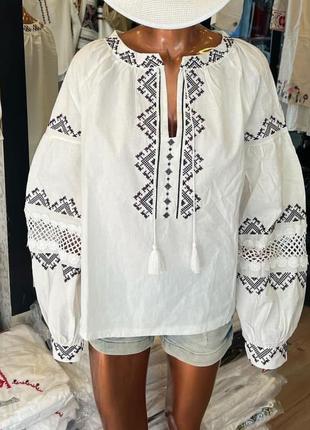 Турецкая оверсайз блузка блузка вышиванка с рукавами фонариками и кружевом