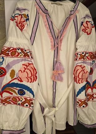 Турецкая блуза блузка вышиванка с рукавами фонариками под пояс с кисточками