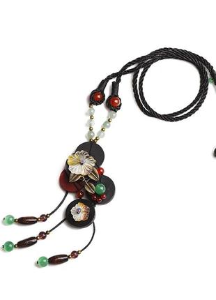 Ожерелье в этническом стиле, натуральные камни, резной перламутр, авантюрин, кулон, колье, бохо стиль, агат