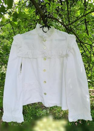 Винтажная блуза рубашка в этностиле хлопковая с ажурным воротничком из прошвы белая натуральная
