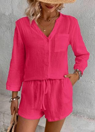 Прогулочний костюм сорочка + шорти муслін рожевий малина для прогулянок