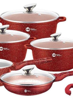 Набор кастрюль и сковорода higher kitchen hk-305, набор посуды с гранитным антипригарным покрытием красный