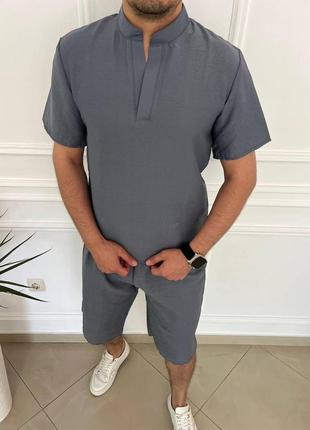 Мужской летний льняной костюм  футболка и шорты