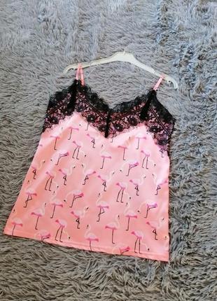 Блуза топ с кружевом принт розовый фламинго