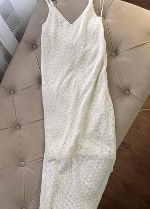 Платье миди сетка вязаное пляжное летнее с подкладом сетка разрез