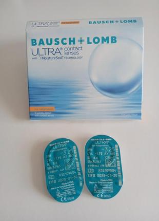 Контактні лінзи ultra for astigmatism - 3.25 / - 1,75 / 180 астигматичні тонкі торичні м'які мягкие контактные линзы bausch lomb