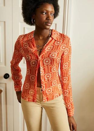 Urban outfitters оранжевая блуза рубашка хиппи 70ти вискоза шифон полупрозрачная яркая