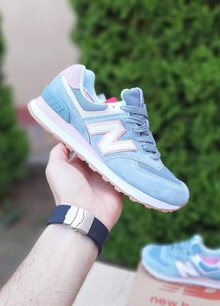 Женские летние замшевые кроссовки new balance 574 голубые с розовым кроссовки нюбеланс 574