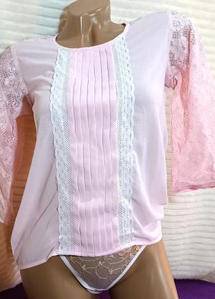 Блуза легкая романтическая шифоновая, розовая летняя кофточка с кружевом