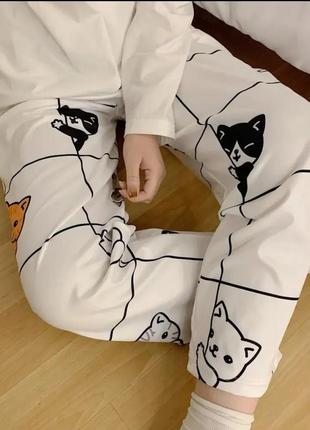 Трендовые пижамные штаны с котиками, японский мультяшный дизайн: