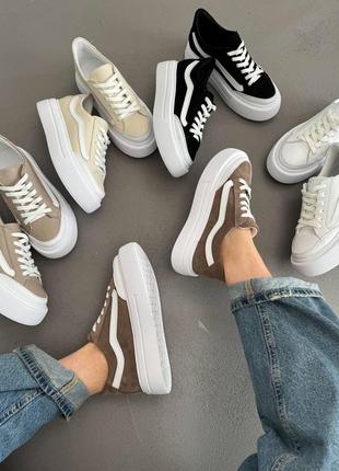 Жіночі стильні бежеві замшеві кеди капучино з натуральної замші на товстій білій...