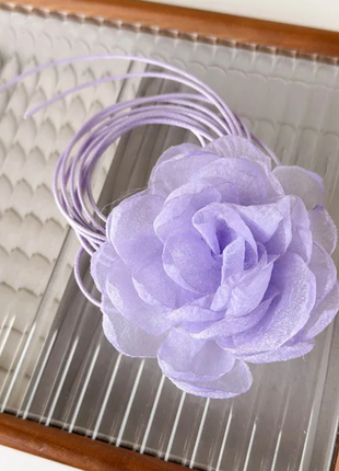 Чокер лавандовая, сиреневый, фиолетовый цветок на длинном шнурке, веревке, тонкая лента.