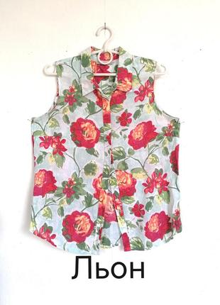Блуза рубашка без рукавов цветочный привет лен 100%