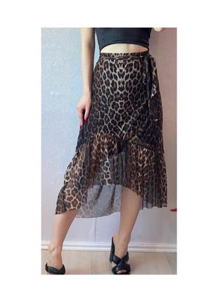 Актуальная юбка миди, в леопардовый принт, стильная, сетчатая, модная, трендовая