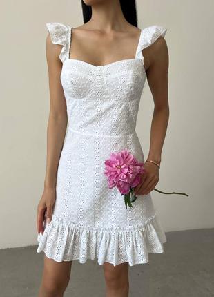 Біла сукня міні з бавовни 100% прошва 42 44 46 вечірнє ніжне міні плаття з прошви xs s m l