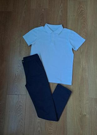 Нарядный набор/синие брюки/синие штаны/белая тенниска/белое поло