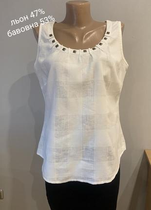 Элегантная льняная блузка с завязкой- лентой сзади,оригинальная отделка горловины.