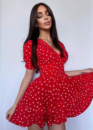 Пишна сукня міні софт в горошок з короткими рукавами