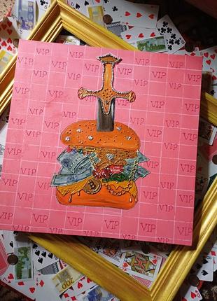 Картина luxury burger, поп арт, розовый, золотой, стильная, деньги, биткоин, популярная, ручная работа, на подарок, интерьерная