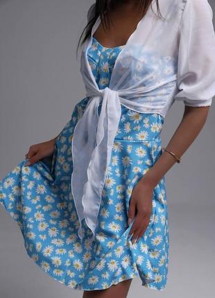 Жіночий літній костюм прозора блуза та сарафан із принтом на бретелях розміри 42-46